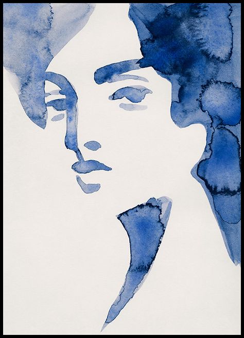 - Watercolour art in blue of a woman''s face with a beige background Watercolour art print in beautiful shades of blue in the shape of a woman''s face with a light beige background. Clean artwork with a modern style. Modern Watercolor Art, Watercolor Art Face, Watercolor Face, Watercolor Woman, Ohara Koson, Indigo Prints, Gallery Wall Inspiration, Caspar David Friedrich, Gold Poster