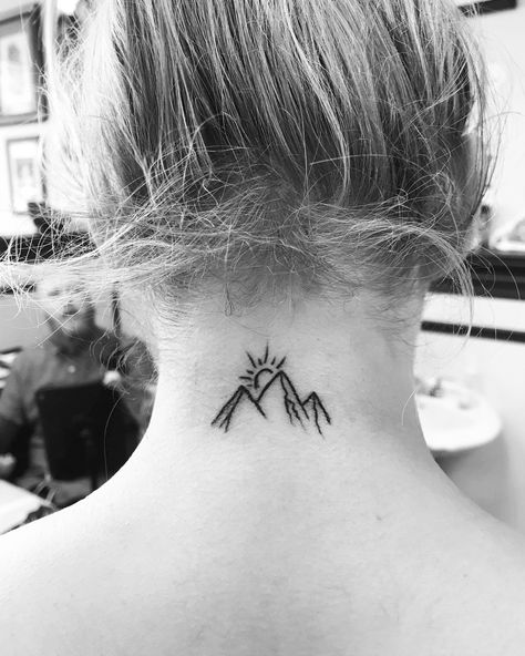 Mountain Tattoo Back Of Neck, Mountain Tattoo Neck, Mountain Sunrise Tattoo, Mountain Sun Tattoo, 05 Tattoo, Back Of Neck Tattoos, Tattoo Korean, Back Of Neck Tattoos For Women, Back Neck Tattoo