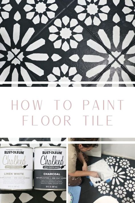 How to Paint Your Own Tile Floor Stenciled Tile Floor, Painting Linoleum Floors, Painted Bathroom Floors, Paint Linoleum, Diy Painted Floors, Paint Floor, Floors Ideas, Painted Vinyl Floors, Floor Makeover