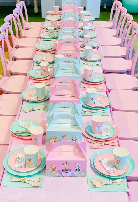 Pastel Dessert Table Ideas, Birthday Party 3 Girl, Kids Birthday Table Set Up, Birthday Table Decorations Kids, Cocomelon Table Decor, Kids Party Table Set Up Ideas, Birthday Party Set Up Ideas, Pastel Themed Birthday Party, Kids Party Table Decor