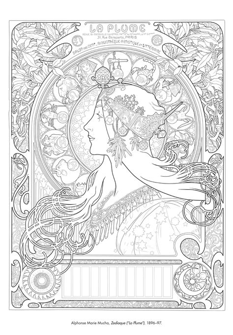 Coloring page of "Zodiaque" by Alphonse Marie Mucha in Color the Classics from the Art Institute of Chicago and Sourcebooks Use #IColoredAClassic to share your new masterpiece! Alphonse Mucha Coloring Pages, Art Nouveau Hair Drawing, Art Nouveau Coloring Pages, Alphonse Mucha Sketch, Dance Coloring Pages, Art Nouveau Mucha, Art Nouveau Tattoo, Art Coloring Pages, Motifs Art Nouveau