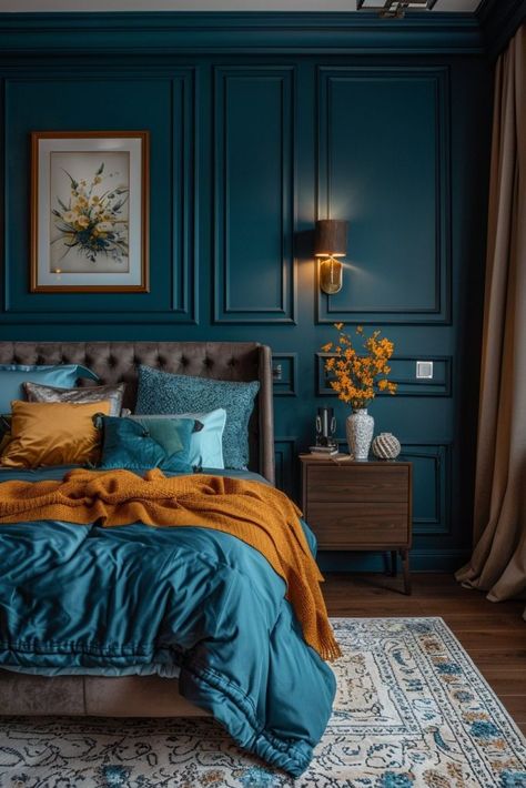 29 Dark Teal Bedroom Ideas to Create a Tranquil and Luxurious Retreat 9 Teal And Copper Bedroom, Dark Teal Walls, Teal Blue Bedroom, Dark Teal Bedroom Ideas, Teal Bedroom Walls, Dark Teal Bedroom, Teal Bedroom Decor, Teal Bedroom Ideas, Teal Accent Walls