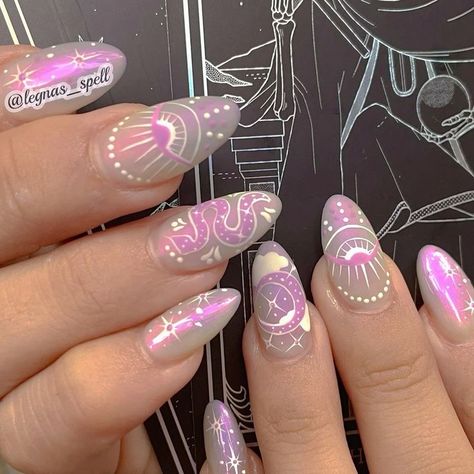 Spiritual Nail Ideas, Witchy Valentines Nails, Tarot Nail Designs, Manifestation Nails, Astral Nails, Ostara Nails, Tarot Nail Art, Wiccan Nails, Spiritual Nails Designs