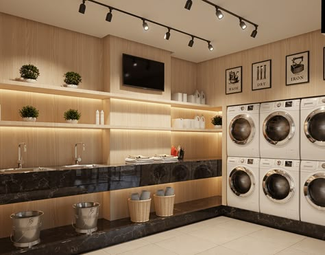 Commercial Laundry Room Ideas, Luxury Laundry Mat, Public Laundry Room Design, Public Laundry Room, Hotel Laundry Room Design, Communal Laundry Room, Laundromat Interior Design, Fancy Laundromat, Commercial Laundry Room Design