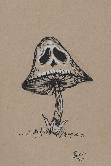 Creepy Cool Drawings, Mushroom Drawing Sketch, Drawing Inspo Mushrooms, Oddity Drawing, Ink Sketch Ideas, Halloween Mushroom Drawing, Aesthetic Skull Drawing, Emo Mushroom Drawing, Plants Drawing Pencil