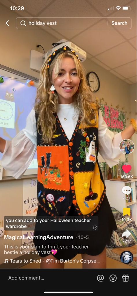 Whimsical Teacher Outfit, Fun Cardigan Outfit, Halloween Vest Outfit, Eclectic Teacher Outfits, Teacher Outfit Ideas Elementary, Ms Frizzle Inspired Outfits, Art Teacher Outfits Elementary, Teacher Halloween Outfits, Vintage Teacher Outfits