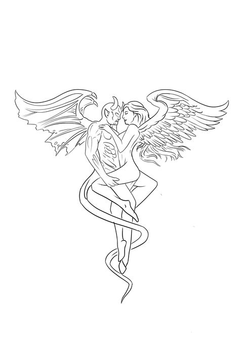 Angel And Demon Drawing, Devil Angel Tattoo, Angel Tattoo Stencils, Tattoo Outline Drawing Stencil Ideas, Tattoo Outline Drawing Stencil, Cool Tattoo Drawings, Tattoo Outline Drawing, Stencil Ideas, Small Pretty Tattoos