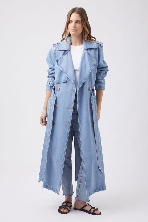 Milana Denim Trench Coat — Sorrento Blue | DECJUBA Trench Outfit, Denim Trench Coat, Vest Blazer, Denim Jackets, Sorrento, Online Tops, Knit Jumper, Denim Shop, Jumpers And Cardigans