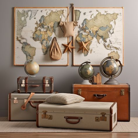 Inspire your baby boy's adventurous spirit with an exploration-themed nursery. World map wall art, vintage suitcases as storage, and travel-themed decor set the stage. Opt for earthy tones and incorporate globes and compasses into the design. Baby Boy Adventure Nursery, Explorer Baby Shower Theme, World Nursery Theme, Around The World Nursery, Travel Nursery Theme, Adventure Nursery Boy, Nursery Travel Theme, Travel Baby Nursery, Traveler Nursery