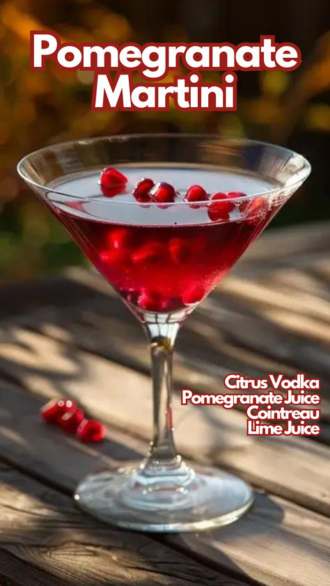 Pomegranate Martini Drinks With Pomegranate Juice, Martini Variations, Pomegranate Martini Recipe, Fruity Rum Drinks, Cointreau Cocktails, Pomegranate Drinks, Hosting Party, Cocktail Cards, Adult Lunchables