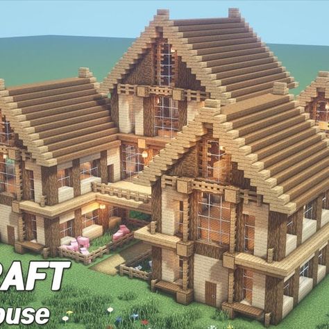 Want a house to occupy more players? Here we are to show you! This Minecraft house design is not only pretty but also accommodating. Its infrastructure with lots of room is a key factor of this building, but don’t be afraid of it, because this oak Minecraft house can be done in a repetitive manner. Rooms covered by glass panes, roofs made of oak stairs and oak slabs, farms with grass blocks, cows, and horses, that’s all we need. Oak Minecraft House, Easy Minecraft House Ideas, Minecraft House Ideas Blueprints, Minecraft House Ideas Easy, Pretty Minecraft Houses, Minecraft Roof, Interior Design Minecraft, Minecraft House Decorations, Minecraft House Interior