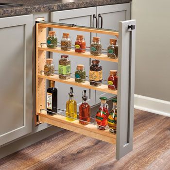 Rev-A-Shelf Wood Pullout Base Organizer w/ Upper Slide | KitchenSource.com Pull Out Shelf, Face Frame Cabinets, Cabinet Base, Kitchen Base Cabinets, Framed Cabinet, Rev A Shelf, Spice Cabinet, Shelf Organizer, New Kitchen Cabinets