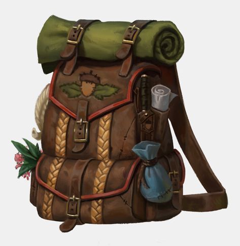 ArtStation - Item illustrations, Christina Kraus Ranger Backpack Dnd, Fantasy Travel Bag, Adventurer Backpack Dnd, Traveler Backpack Concept Art, Dnd Bag Art, Backpack Fantasy Art, Explorers Pack Dnd, Fantasy Bag Art, Fantasy Bag Concept Art