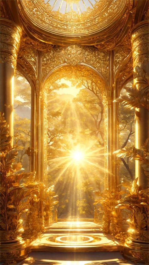 Godess Astethic, Gold Sun Aesthetic, Sun Kingdom Aesthetic, Gold Angel Aesthetic, Gold Background Aesthetic, Video Nature, Heaven Art, Golden City, Spiritual Artwork