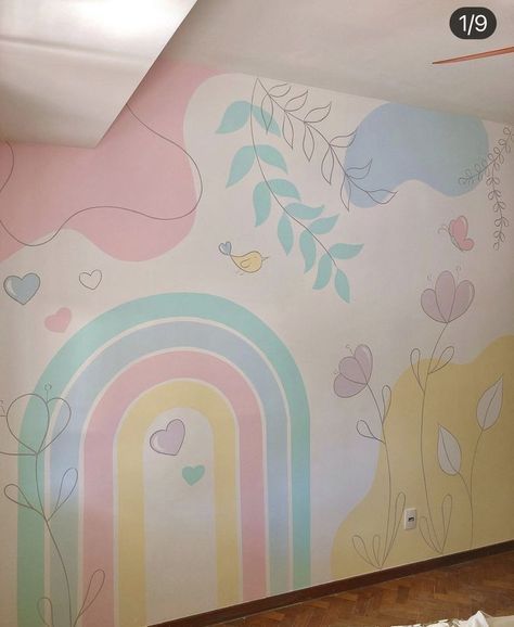 Pastel Playroom Decor, Nursery Mural Ideas Diy, Baby Girl Room Wall Painting Ideas, Girl Mural Bedroom Ideas, Toddler Girl Room Paint Ideas, Girls Mural Bedroom, Girls Bedroom Mural Ideas, Rainbow Wall Painting Ideas, Toddler Girl Bedroom Rainbow