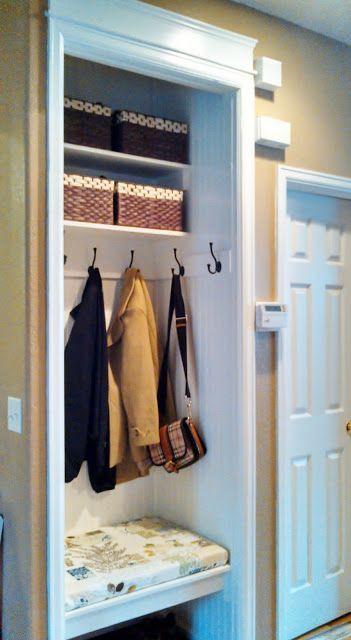 Clever Ways to Fake a Foyer----Reimagine Your Closet----Open up a cramped space and gain a helpful spot for extra seating by ditching the closet door. Hooks and baskets look decorative, but still provide ample storage for your stuff. See more at The Sampson Home. Entryway Closet Makeover, Coat Closet Makeover, Coat Closet Ideas, Small Coat Closet, Vstupná Hala, Mudroom Closet, Closet Redo, Front Closet, Coat Closet Organization