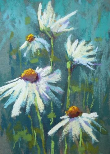 daisy paintings | fresh as a daisy on blue painting by artist karen margulis Chalk Pastel Art, Soft Pastel Art, Oil Pastels Painting, Pastel Artwork, Oil Pastel Art, Oil Pastel Drawings, White Daisies, Art Pastel, Garden Painting