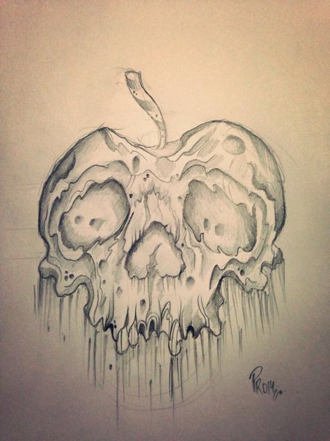 Rotten apple Skull Apple Tattoo, Rotten Apple Drawing, Rotten Apple Tattoo, Creepy Doodles, Rotten Apple, Apple Tattoo, Gem Tattoo, Nyc Tattoo, Creepy Tattoos