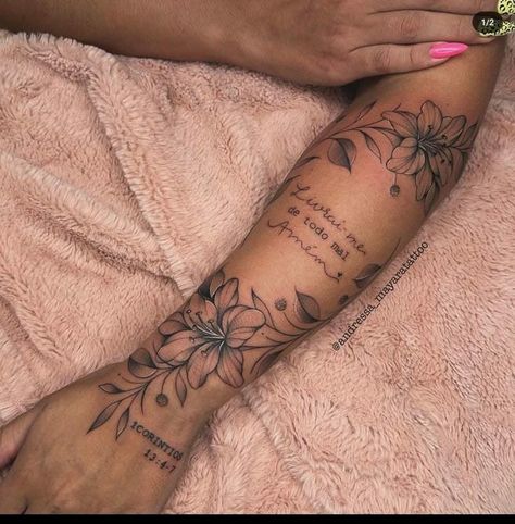 Flowers Around Quote Tattoo, Rose Tattoo On Arm For Women, Sleeve Starter Tattoo Women, Inner Arm Sleeve Tattoo For Women, Words With Flowers Tattoo, Womans Sleeve Tattoo Ideas, Cute Sleeve Tattoos For Women, Flower Tattoo With Words, Female Sleeves