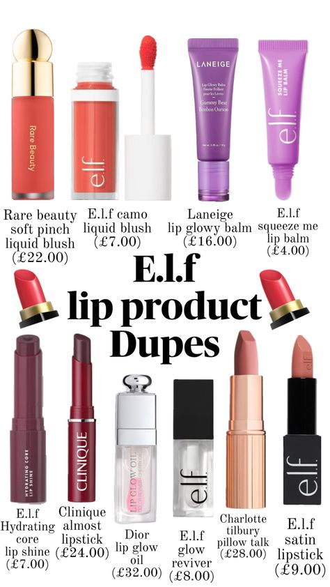 Elf product dupes #elf #makeup #dupes #makeupproducts Elf Make Up, Glossy Lips Makeup, Elf Products, Makeup Accesories, Makeup Help, Eye Makeup Pictures, Simple Makeup Looks, Ethereal Makeup, Elf Makeup