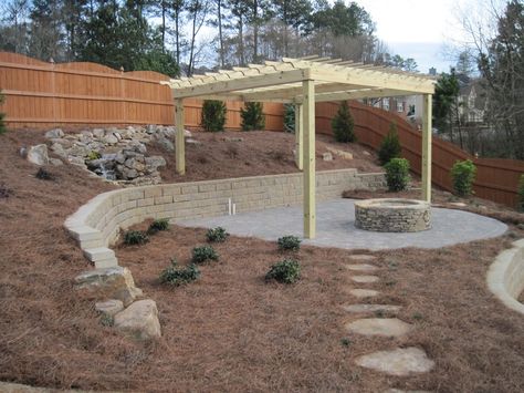 Backyard Hill Landscaping, Backyard Hill, Backyard Retaining Walls, Hill Landscaping, Sloped Backyard Landscaping, Landscaping On A Hill, Sloped Yard, Fire Pit Landscaping, Sloped Backyard