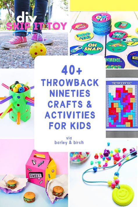 Over 40 of our favorite 90s crafts and activies for kids and parents! From DIY 90s toys and games you can make yourself to 90s movie night ideas and 90s-inspired snacks. Tons of throwback fun for 90s day at school, spirit weeks, or just a little old school entertainment at home! | from barley & birch 90s Day At School, 90s Crafts, 90s Day, Activies For Kids, Spirit Weeks, Movie Night Ideas, Throwback Party, Movie Crafts, Retro Crafts