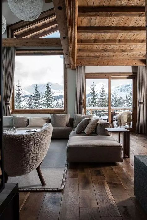 Modern Chalet Interior, Chalet Style Homes Interior, Chalet Architecture, Chalet Living Room, Luxury Chalet Interior, Chalet Interior Design, Mountain Interiors, Modern Chalet, Chalet Interior