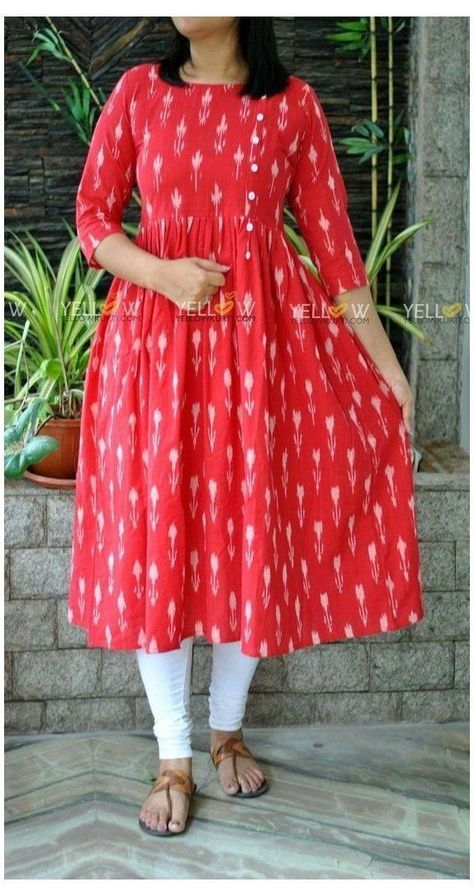 Anarkali Cotton Kurti Design, Ikkat Chudidar Designs Cotton, Pochampally Kurtis Designs Cotton, Cotton Ikkat Kurti Designs, Red Colour Kurti Design, Cotton Anarkali Dress Pattern, Pochampally Kurtis Designs, Ikkat Dresses Designs, Ikkat Tops