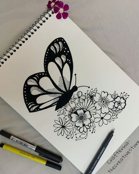 Cool Art Drawings Butterfly, Butterfly Drawing Inspiration, Creative Butterfly Drawings, Butterfly Art Work, Line Work Drawing Simple, Buterfluffy Art Drawing, Beautiful Butterflies Art Drawings, Distorsi Art, Mandala Drawing Butterfly