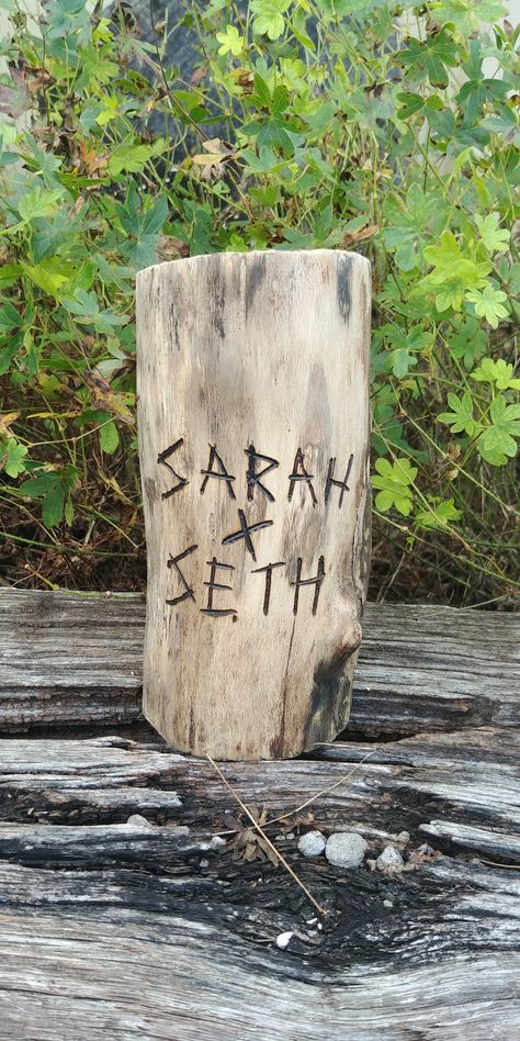 These are wood burned into actual fallen timber. Like the old days when we would carve our names in trees. Name Carved In Tree, Forest Decorations, Enchanted Forest Decorations, Pizza Store, Moon Gate, Carved Signs, Tree Carving, Wood Tree, Tree Stump