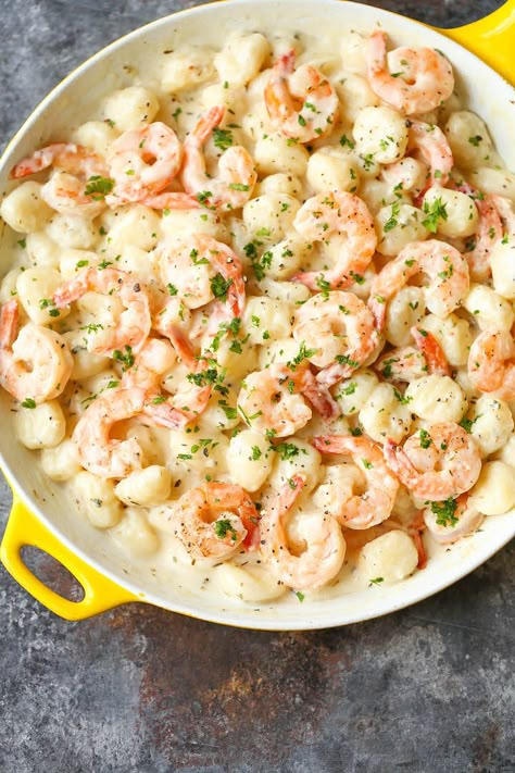 Shrimp and Gnocchi with Garlic Parmesan Cream Sauce - Light, airy gnocchi tossed with tender shrimp and the most amazing cream sauce you'll want to drink! Shrimp And Gnocchi, Garlic Parmesan Cream Sauce, Parmesan Cream Sauce, Gnocchi Recipes, Shrimp Dishes, Jambalaya, Garlic Parmesan, Pork Loin, Cream Sauce