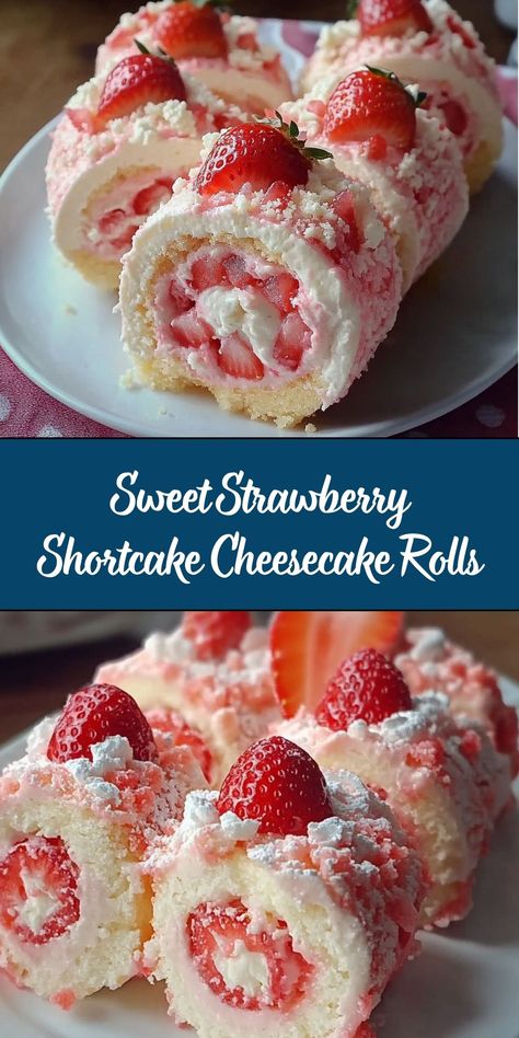 Delight your taste buds with these Sweet Strawberry Shortcake Cheesecake Rolls, a dessert that brings together the creamy richness of cheesecake and the fruity sweetness of strawberries. Perfect for special occasions or as a weekend treat, these rolls are a must-try for anyone who loves a combination of flavors and textures in their desserts. Strawberry Shortcake Roll Cake, Cheesecake Rolls, Strawberry Shortcake Cheesecake, Breakfast Bread Recipes, Homemade Dough, Strawberry Cream Cheese, Chocolate Delight, Breakfast Bread, Mousse Recipes