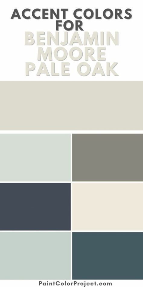 The best accent colors to pair with Benjamin Moore Pale Oak paint color Pale Oak Walls Living Room, Pale Oak Colour Palette, Pale Oak Whole House Palette, Living Room Paint Color Ideas With Oak Trim, Colors With Pale Oak, Pale Oak With White Dove Trim, Pale Oak Benjamin Moore Coordinating Colors, Pale Oak Palette, Bm Pale Oak Kitchen