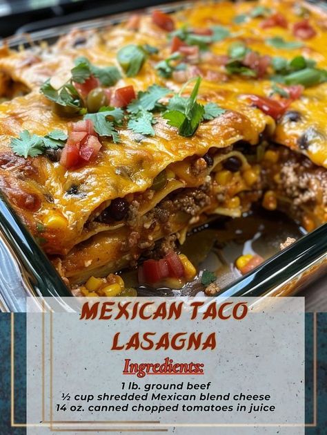 Try this recipe - Mexican Taco Lasagna Ingredients: 1 lb.... Mexican Taco Lasagna, Fusion Foods, Meal Starters, Lasagna Food, Mexican Lasagna Recipes, Taco Lasagna, Mexican Casserole Recipe, Mexican Lasagna, Lasagna Recipes