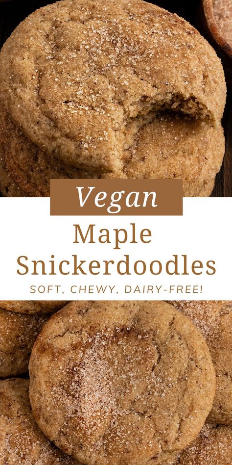 These Vegan Maple Snickerdoodles are truly the best soft and chewy cookie made with real maple syrup and maple extract for double the maple flavor! If you are looking for the best eggless, dairy-free, & soft snickerdoodle recipe, then you have to try these maple cookies! #maplesnickerdoodles Gluten Free Vegan Cookies Christmas, Gluten Free Fall Cookie Recipes, Vegan Maple Desserts, Vegan Chocolate Crinkle Cookies, Vegan Fall Cookie Recipes, Vegan Individual Desserts, Fall Cookies Vegan, Vegan Fall Baking Recipes, Cozy Fall Food Recipes