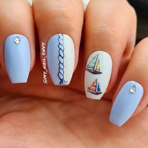 Sailboat Serenade Sailing Nails Design, Sailboat Nail Art, Boat Nails Designs, Yacht Nails, Nantucket Nails, Sailboat Nails, Sailing Nails, Travel Nails Designs, Seaside Nails