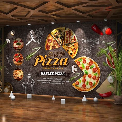 Pizza Mural, Wallpaper Cafe, Cartoon Pizza, Pizza Wallpaper, Pizza Store, Pizzeria Design, Restaurant Background, 3d Wallpaper Mural, Pizza Design