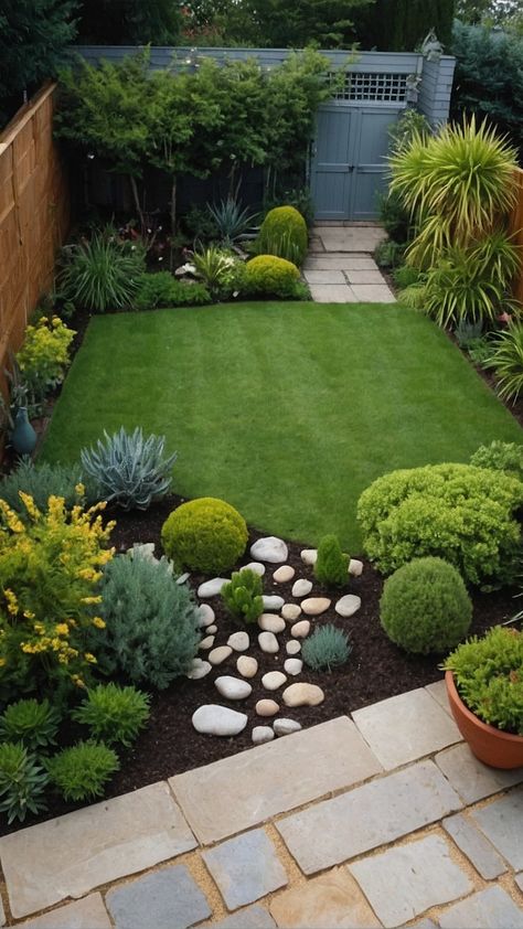 Small Easy Maintenance Garden, Small Lawn Garden, Small Square Backyard Landscaping, Cheap Small Garden Ideas, Small Home Garden Design, Small Garden With Vegetable Patch, Square Backyard Layout, Garden Layout Ideas Design Backyard Landscaping, Small Yard Landscaping Ideas No Grass Backyard Designs