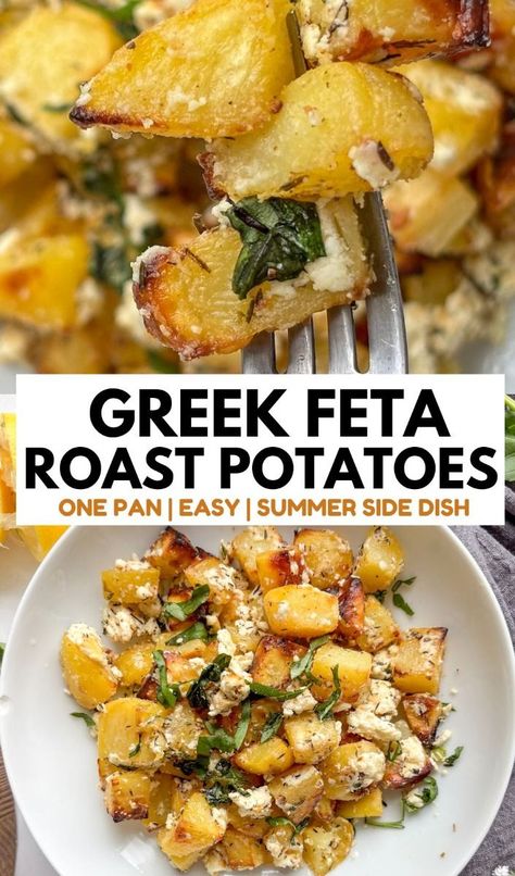 One Dish Rice Meals, Mediterranean Sides Recipes, Potato Feta Bake, Healthy Side With Burgers, Vegetarian Recipes Side Dishes, Feta Baked Potato, Greek Feta Roasted Potatoes, Greek Feta Potatoes, Feta Roasted Potatoes