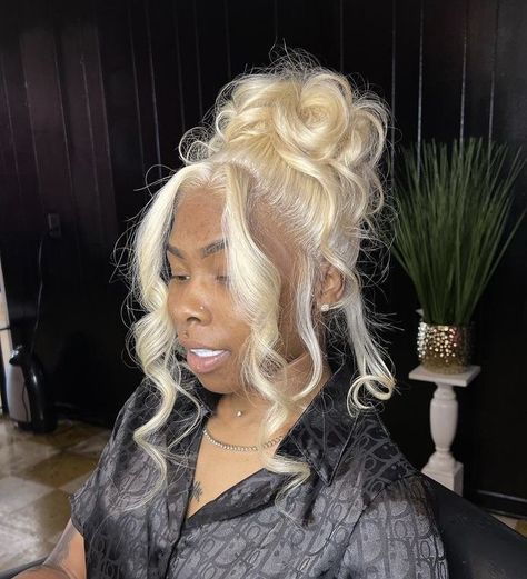 Blonde Lace Front Ponytail, Prom Hairstyle Blonde, Updo Blonde Wig, Blonde Wig Pinned Up, Blonde Lace Front Wigs Updo, Blonde Wig Black Women Updo, Blonde Prom Updo, Birthday Hairstyles For Black Women Blonde, Wig Bun Black Women