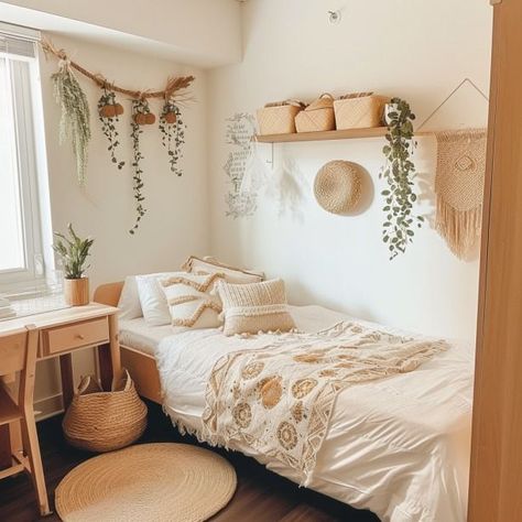 College Dorm Room Inspo Boho, Boho Aesthetic Dorm Room, Vintage Dorm Room Aesthetic, Pink And Sage Green Dorm, Green And Orange Dorm Room, Aesthetic Dorm Room Decor, Dorm Room Neutral, Boho Dorm Room Decor Ideas, Cottage Core Dorm Room Ideas