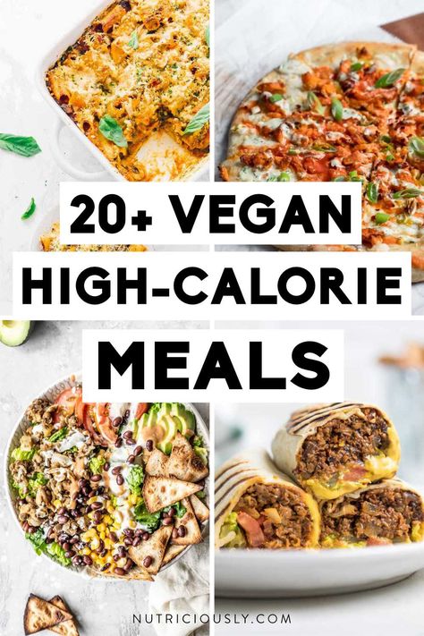 Want to gain some weight? Never get hungry again with these hand-selected high-calorie vegan meals from pizza and pasta to loaded taco salads, creamy soups and protein-rich peanut stews, wraps and more. All recipes are fully plant-based, healthy, easy to make and budget-friendly. High Protein Low Calorie Vegan Recipes, High Protein Low Calorie Vegetarian Meals, Low Calorie High Protein Vegan Meals, Cheap Low Calorie Vegan Meals, High Volume Low Calorie Food Vegan, High Calorie Snacks, Vegan Kids Recipes, High Calorie Meals, Dinner Entrees