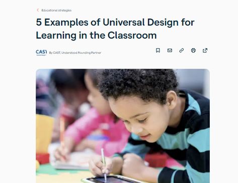 This resource provides five examples of UDL within a classroom.  The examples are very clear and well defined.  This provides a great start to UDL and understanding why each of these are important for all learners.  It really makes you think about all students and how small adjustments to lesson planning and teaching can have a major impact on students.  This opens up your eyes to "creating learning opportunities for all students" and how it can be done. Udl Classroom, Udl Lesson Plans, Universal Design For Learning, Flexible Work Space, Types Of Learners, Lesson Planning, Digital Text, Group Work, Universal Design