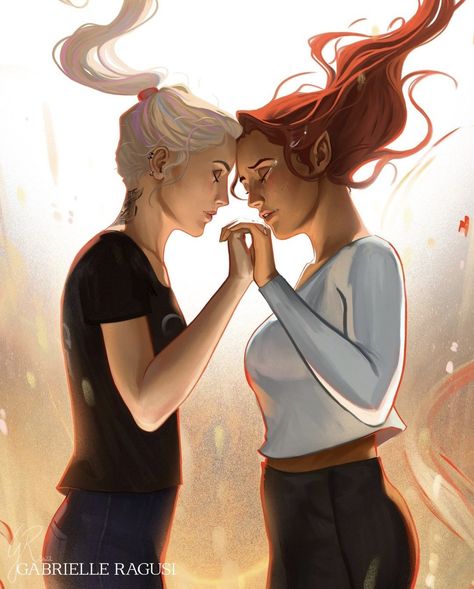 Art by 🎨 : @romannaboch "Danika grabbed her hand again. "That's the point of it, Bryce. Of life. To live, to love, knowing that it might all vanish tomorrow. It makes everything that much more precious." She took Bryce's face in her hands and pressed their brows together." House Of Sky And Breath, Sky And Breath, House Of Earth And Blood, Full Illustration, Sara J Maas, Sarah J Maas Books, Crescent City, Sarah J Maas, Sarah J