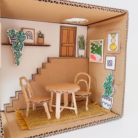 Cardboard Doll House Diy, Homemade Dollhouse, Cardboard Box Houses, Dollhouse Dining Room, Cardboard Dollhouse, House Dining Room, Doll House Crafts, Cardboard House, Box Houses