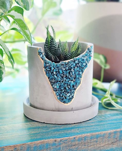 Cement Geode Planter - Concrete Pots for Plants - Modern Succulent Pot Indoor - Unique Air Plant Holder - Candle Holder - Small Plant Home Decor (Blue Apatite) Geode Planter, Small House Plants, Pots For Plants, Industrial Style Decor, Concrete Planter, Outdoor Display, Concrete Pots, Raw Crystals, Concrete Cement