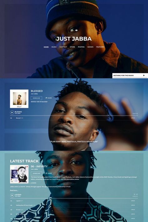 Just Jabba is a South African hip-hop artist. Their music website template gives their press photos the spotlight. They've created a slideshow and their website content sits on top - creating a very visually dynamic website design. If you're creating a band website or a website for your music, check out pantsulamakeplan.com for inspiration, or click through to learn more about website design. Artist Epk Design, Music Portfolio Design, Music Producer Website, Website Design For Artists, Music Artist Website Design, Music Website Design Inspiration, Music Artist Branding, Podcast Website Design Inspiration, Band Website Design