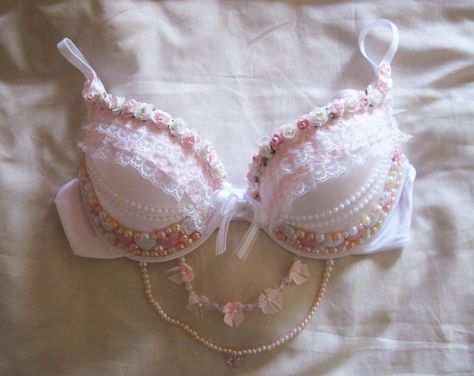 Pink & White Floral and Pearl Decorated Bra by lascreations3, $50.00 Festival Bras, Fancy Bras, Diy Bras, Bedazzled Bra, Decorated Bras, Bra Ideas, Aerial Costume, Bead Bra, Crystal Bra