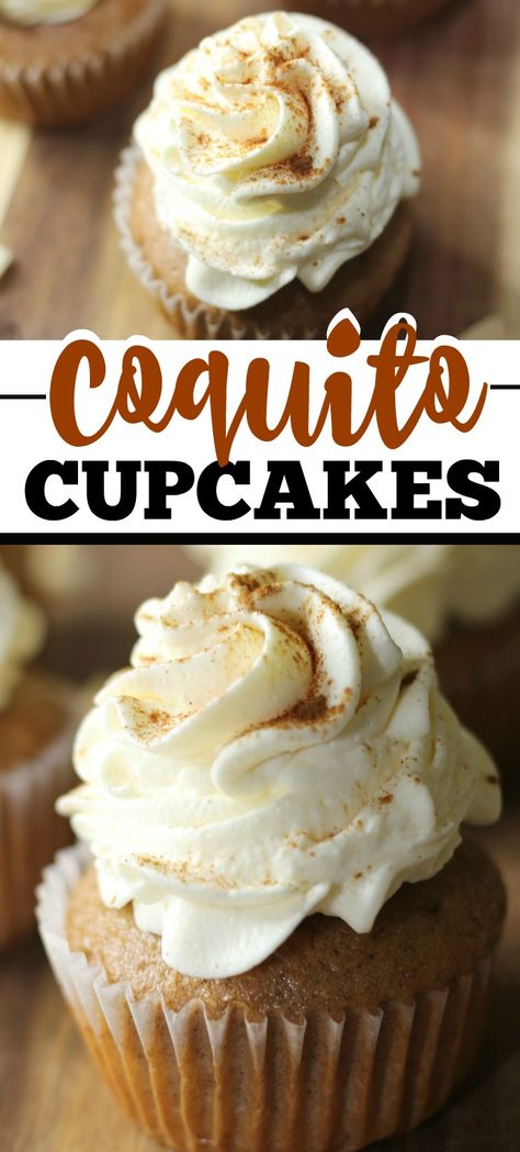 If you enjoy Coquito, then you're going to love these Coquito Cupcakes with homemade Coquito Whipped Cream Icing! Oreo Coquito Recipe, Coquito Cupcakes Recipe, Coquito Cake Recipe, Coquito Cake, Coquito Cupcakes, Guava Cupcakes, Coquito Recipe, Whipped Cream Icing, Homemade Whipped Cream Recipe