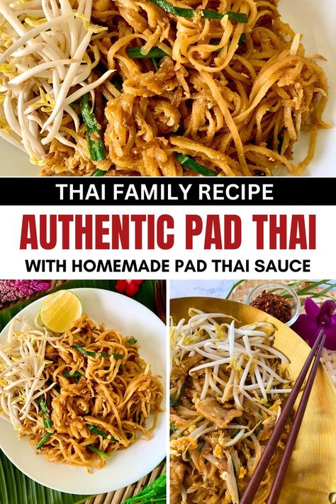 Pad Thai in a white dish and a close-up of stir-fried noodles. Thai Rice Noodle Recipes, Homemade Pad Thai Sauce, Best Pad Thai Recipe, Best Pad Thai, Pad Thai Recipe Authentic, Chicken Pad Thai Recipe, Healthy Pad Thai, Homemade Pad Thai, Pad Thai Rice Noodles